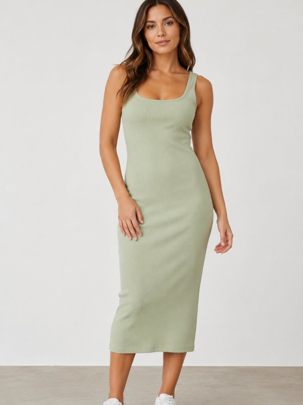 NWT Zara Sage Green Ribbed Knit Tank Midi Dress Sleeveless Bodycon Large